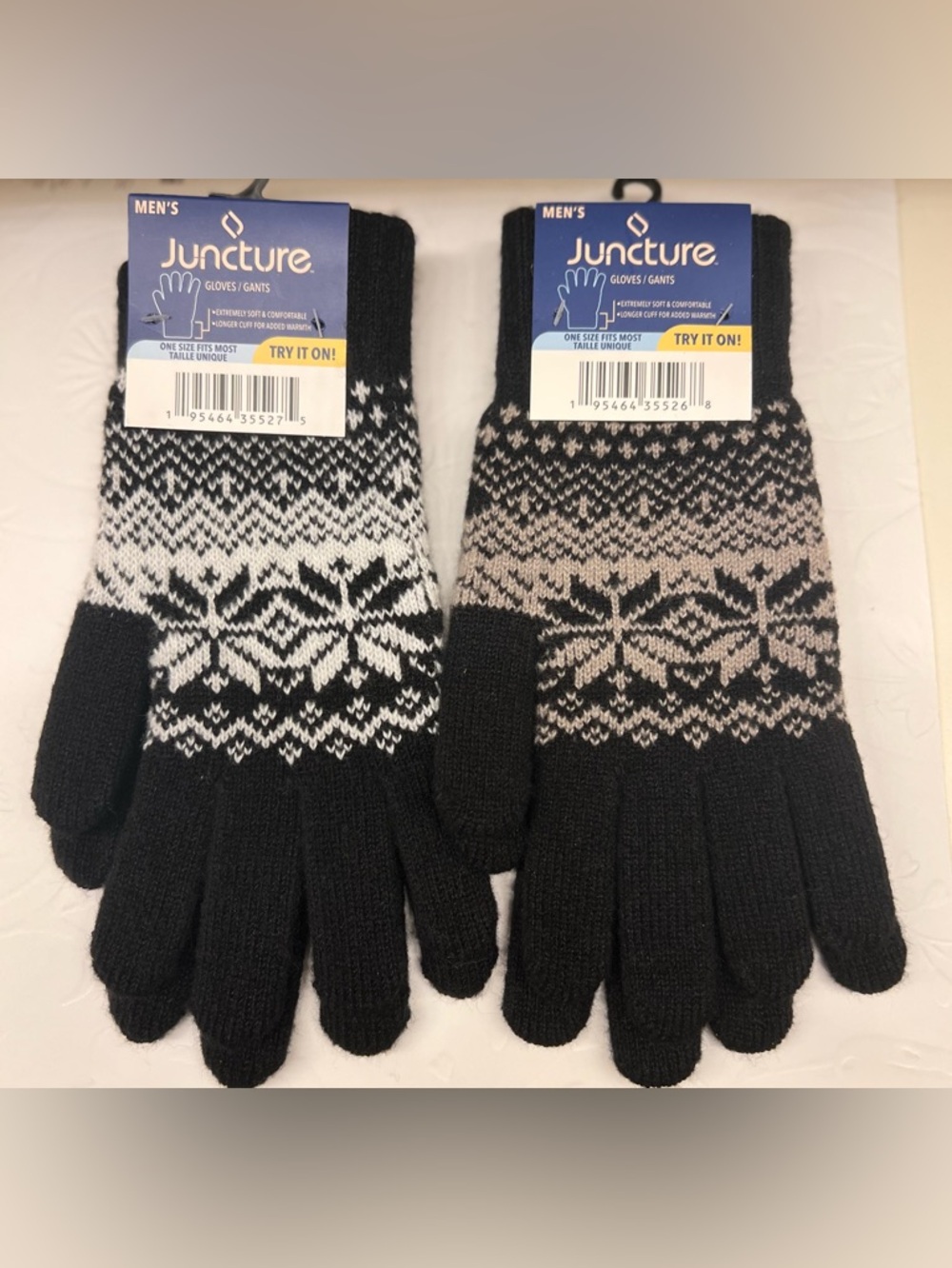 Two Pair Juncture Men's Black & White, Black & Tan Patterned Knit Gloves